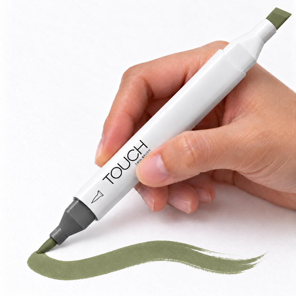 Imagen referencial de uso ShinHan TOUCH TWIN BRUSH Y42 BRONZE GREEN, cuerpo blanco y doble punta pincel y cincel. Presentación por unidad.