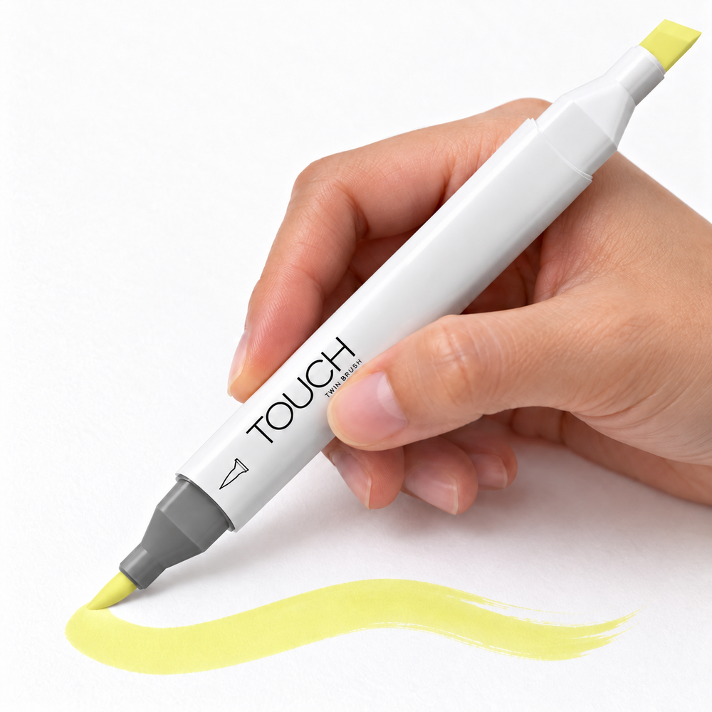 Marcador ShinHan TOUCH TWIN BRUSH Y49 PASTEL GREEN, en uso, imagen referencial