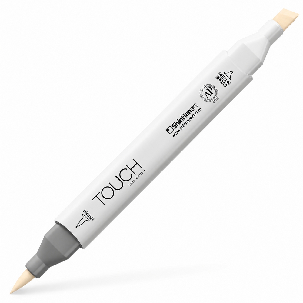 Imagen referencial del marcador ShinHan TOUCH TWIN BRUSH YR132 MILKY WHITE, cuerpo blanco y doble punta pincel y cincel; presentación por unidad.