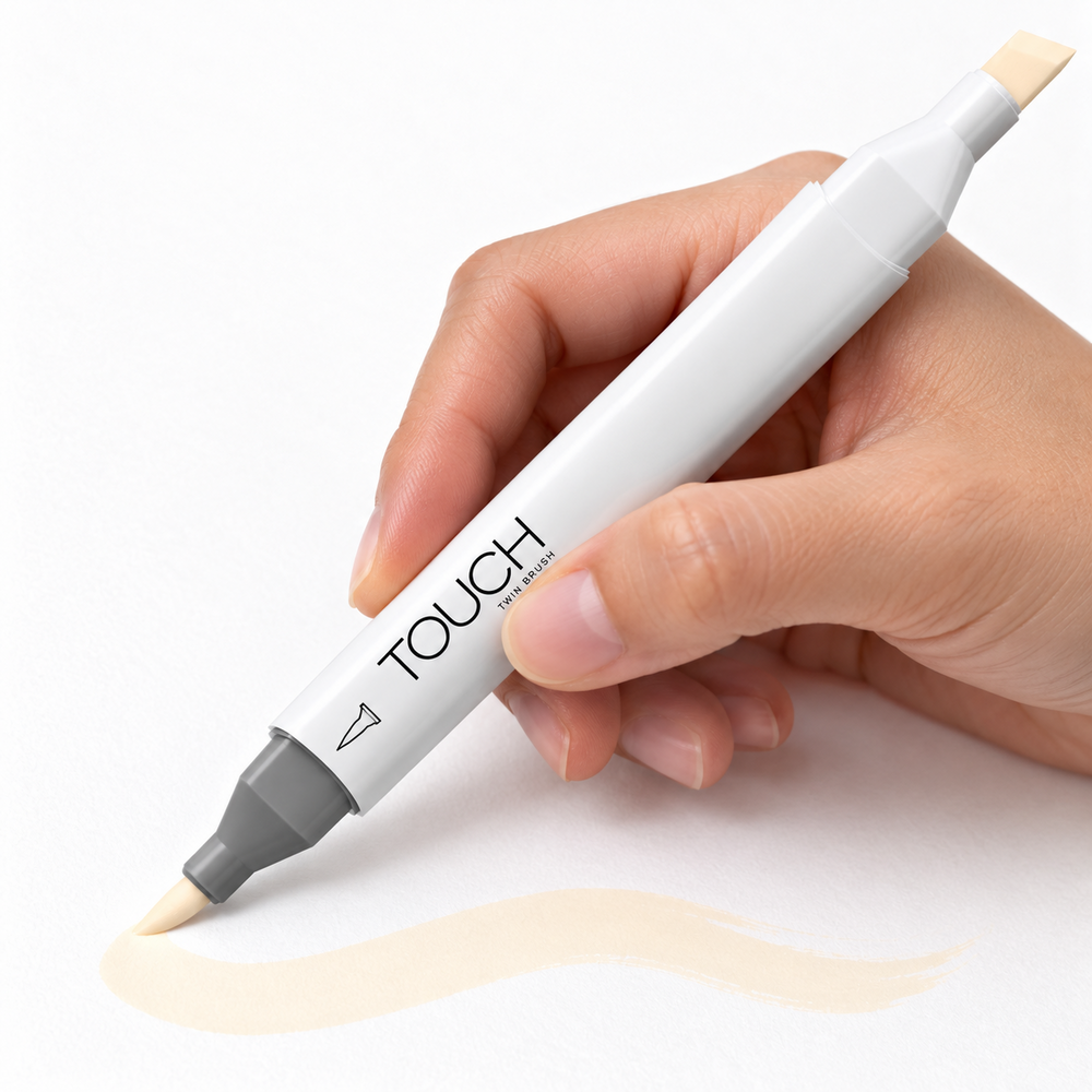 Imagen referencial de uso del marcador ShinHan TOUCH TWIN BRUSH YR132 MILKY WHITE; ilustración de aplicación del tono crema muy pálido.