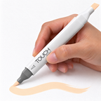 Imagen referencial de uso del marcador ShinHan TOUCH TWIN BRUSH YR26 PASTEL PEACH, cuerpo blanco y doble punta pincel y cincel. Presentación por unidad.