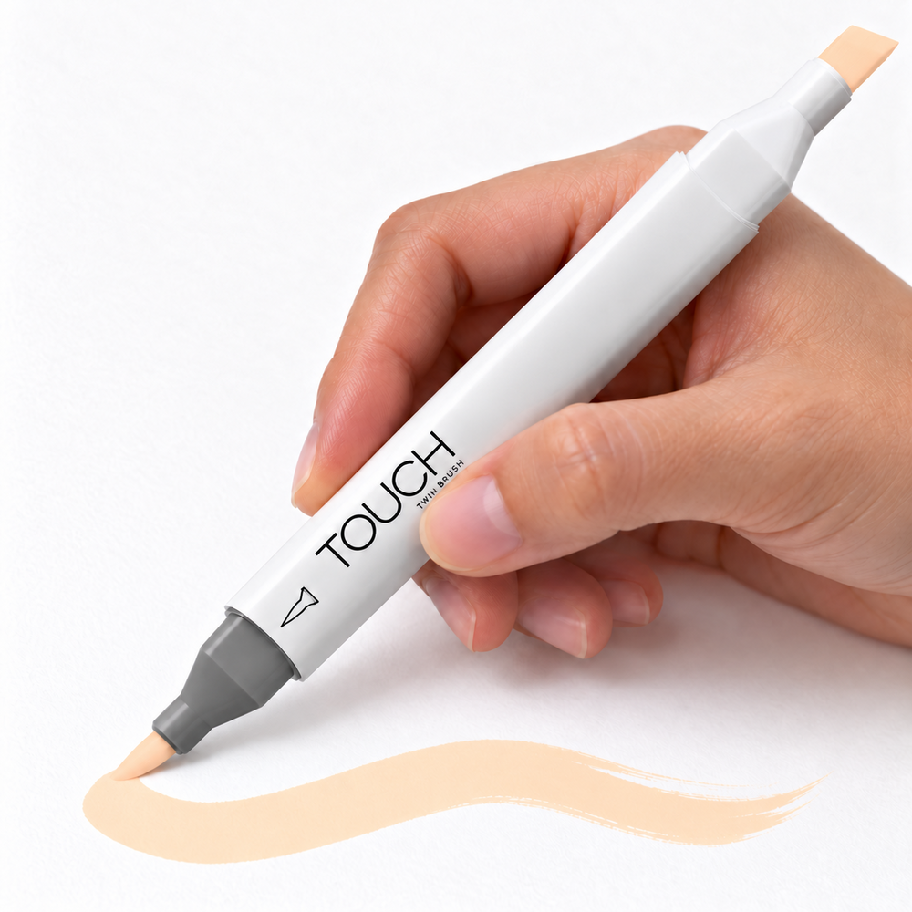Imagen referencial de uso del marcador ShinHan TOUCH TWIN BRUSH YR26 PASTEL PEACH, cuerpo blanco y doble punta pincel y cincel. Presentación por unidad.