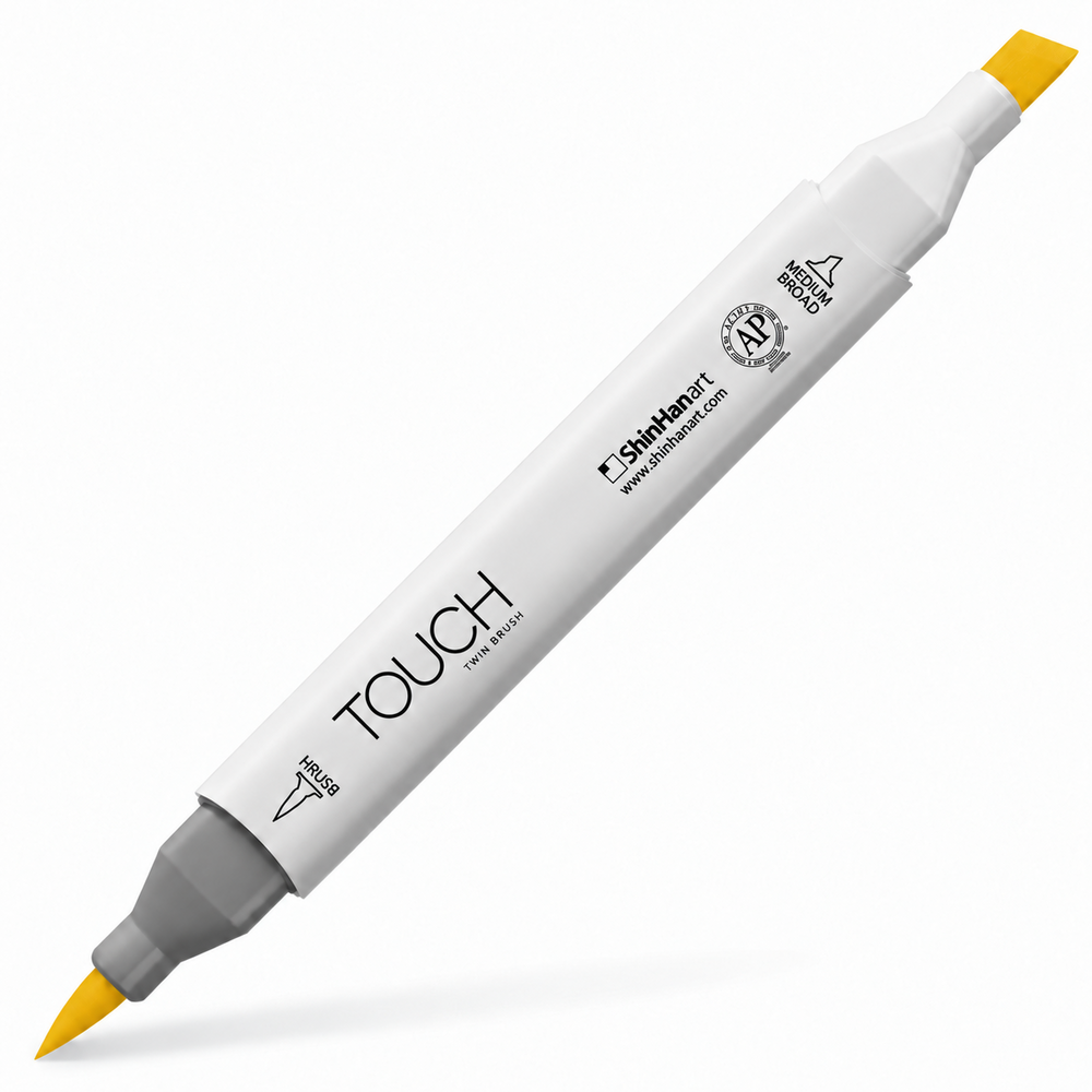 Imagen referencial del marcador ShinHan TOUCH TWIN BRUSH YR32 DEEP YELLOW, cuerpo blanco y doble punta pincel y cincel. Presentación por unidad.