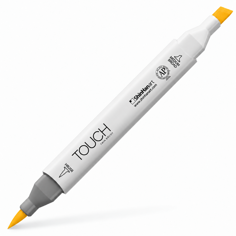 Imagen referencial del marcador ShinHan TOUCH TWIN BRUSH YR33 MELON YELLOW, cuerpo blanco y doble punta pincel y cincel; presentación por unidad.