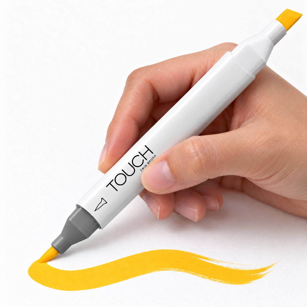Imagen referencial de uso del marcador ShinHan TOUCH TWIN BRUSH YR33 MELON YELLOW; ilustración de aplicación del tono amarillo dorado.