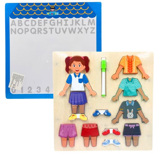 Tablero borrable con juego didactico de encajar vistidos de personajes nina