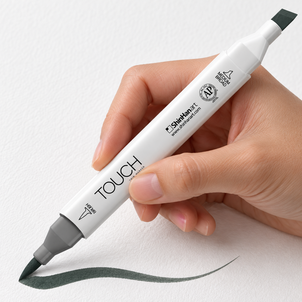 Marcador ShinHan TOUCH TWIN BRUSH GG9 GREEN GREY - ejemplo de uso. Imagen referencial generada.