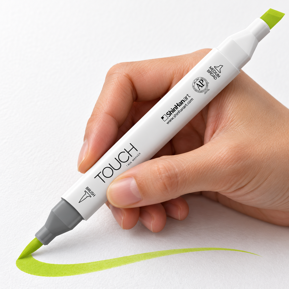 Marcador ShinHan TOUCH TWIN BRUSH F124 FLUORESCENT GREEN - ejemplo de uso. Imagen referencial generada.